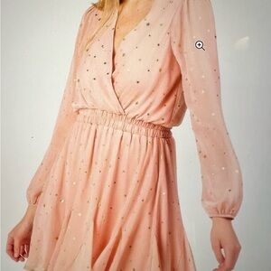 Francesca's Collections gold Star godet pink mini Long Sleeve Dress
